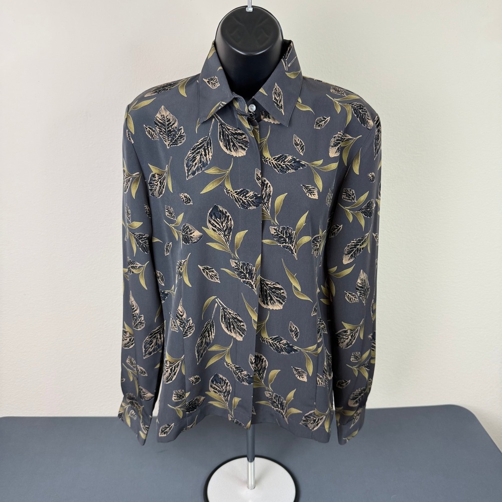 Susan Hutton Women's Floral Long Sleeve Button Front Blouse Gray Size 6 Work